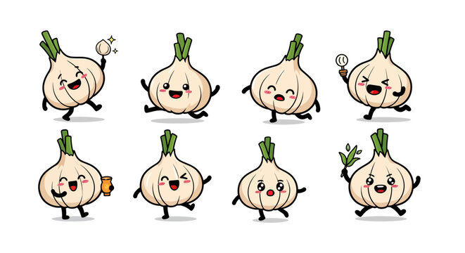 Set of cute garlic characters with playful expressions and poses