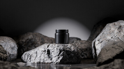 Minimalist black beauty container mockup displayed on a rugged rock podium with dramatic lighting. Ideal for skincare, cosmetics, or branding presentations. Premium photo 3d render.