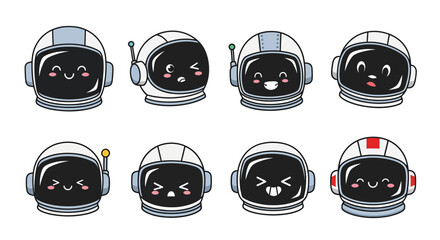 Cute astronaut helmets with expressive faces arranged in a row
