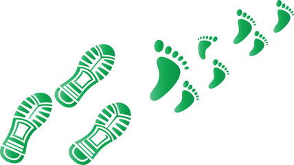 Green footprints and shoe prints on white background walking steps