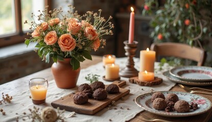 A rustic table setting with roses candles and chocolate truffles creating a cozy atmosphere indoors