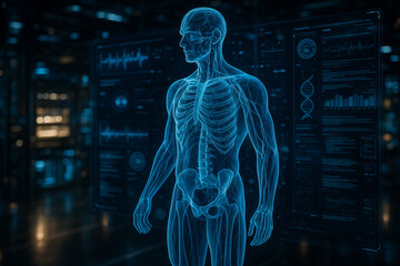 AI generated digital render of male skeleton in sci fi lab with glowing anatomy and futuristic interface elements in blue tones on dark immersive background