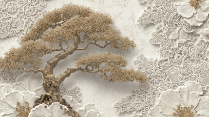 Ornate design with a gold-toned bonsai tree and detailed lacework.