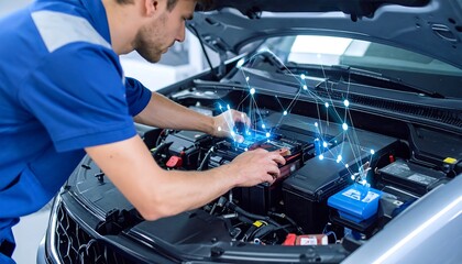 Mechanic working on a car's engine bay. Holographic overlay of data points