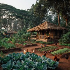 Rustic Farmhouse Surrounded by Lush Vegetation and Free-Range Chickens
