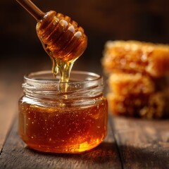 Sweet Honey Dripping from Wooden Dipper into Glass Jar on Table