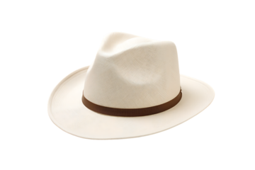 White straw fedora with brown ribbon band in elegant classic summer fashion hatwear style isolated on transparent background