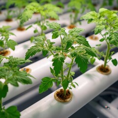 Young Tomato Plants Growing in Hydroponic System Indoor Garden