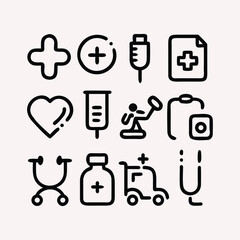 Medical Icons Set in Black Outline Style Representing Health Care Treatment and Emergency Services in a Minimalist Design