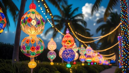 Colorful decorative festive lanterns hang in a tropical outdoor garden setting, creating a vibrant and illuminated atmosphere at twilight.