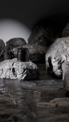 Minimalist black beauty container mockup displayed on a rugged rock podium with dramatic lighting. Ideal for skincare, cosmetics, or branding presentations. Premium photo 3d render.