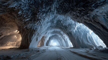 A stunning icy cave tunnel illuminated by natural light, showcasing intricate frozen stalactites and a frosty pathway extending into the bright exit.