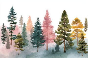 Fototapeta premium A watercolor painting of diverse pine trees in various colors, blending greens, pinks, and yellows with a misty, serene background.