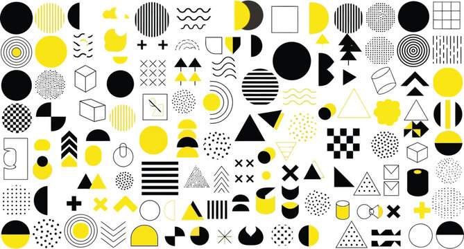 Geometric memphis pattern features bold black and yellow shapes
