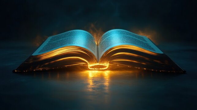 Illuminated open book on dark surface