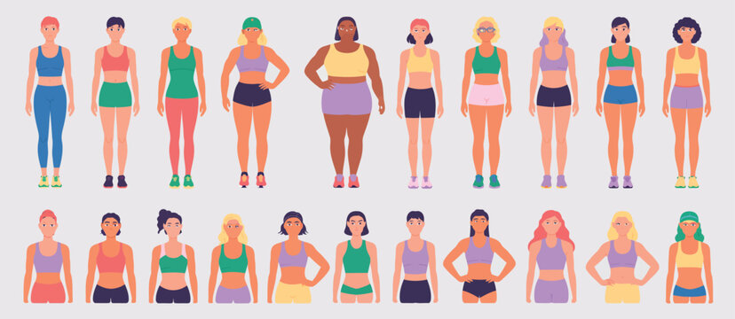 Diverse group of women showcasing different body types and styles in athletic wear