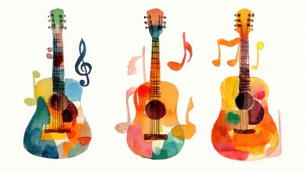 Watercolor painting of three colorful acoustic guitars with musical notes around them on a white background.