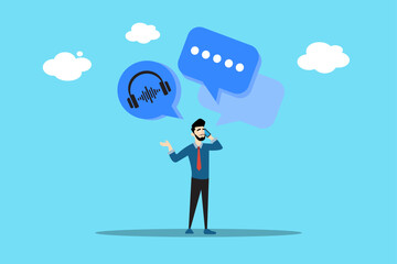 Flat vector illustration of a businessman making a phone call with speech and audio icons. Concept of communication, customer service, or technical support.
