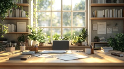 Sunny home office with laptop, books, plants. Use Stock photo for productivity, work from home
