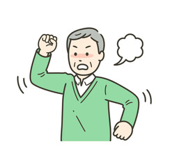 高齢男性が怒って拳を振り上げている上半身イラスト
