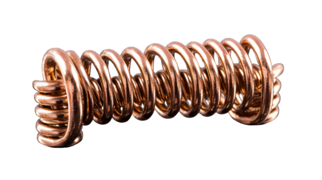 Copper coil spring, shining in spotlight against black