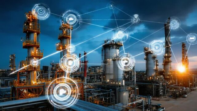 Smart Refinery: An intricate digital overlay illustrates the efficient and interconnected operations of a modern refinery, showcasing innovation and the future of industry. - Powered by Adobe