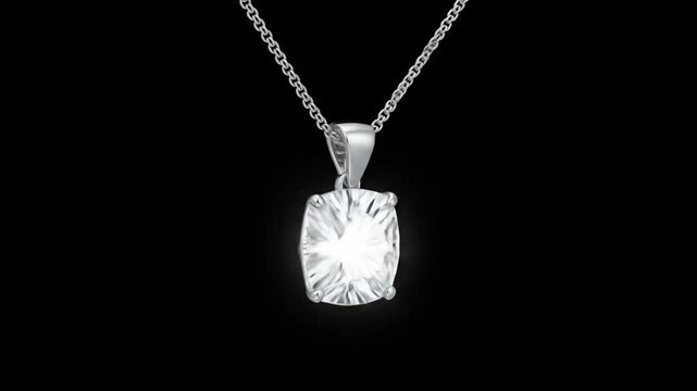 Close up of a silver chain necklace with a square cut diamond pendant on a black background studio shot