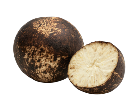 Dark mottled fruit, one half cut, fibrous flesh exposed