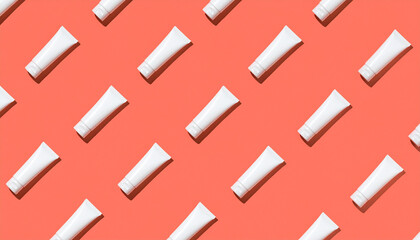 Obraz premium Skincare Tube on Coral Background with Elongated Shadows in a Modern Editorial Style