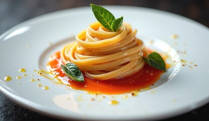 A plate of beautifully arranged pasta with tomato sauce and fresh basil leaves on a white plate