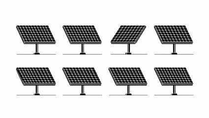 Collection of Black and White Solar Panel Icons: Various Styles and Angles for Renewable Energy Concepts
