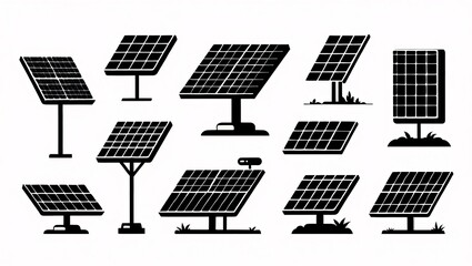 Collection of Black and White Solar Panel Icons: Various Styles and Angles for Renewable Energy Concepts