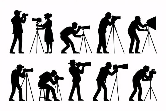 Silhouette Collection: Diverse Photographers with Tripods, Professional Cameras, Serious Mood, Vector Illustration.