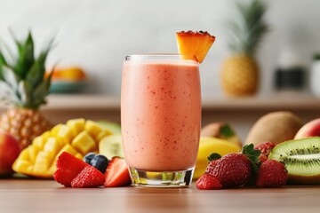 Tropical fruit smoothie in glass with pineapple garnish surrounded by fresh sliced fruits