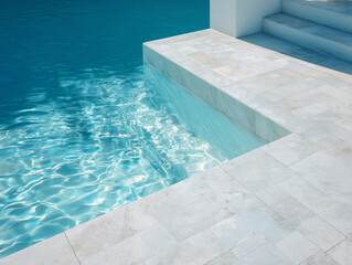 Obraz premium Luxury swimming pool corner with clear water, natural light, blue and white