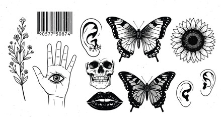 Collection of diverse tattoo flash art featuring flowers, skulls, and butterflies