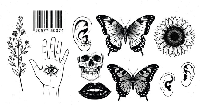 Collection of diverse tattoo flash art featuring flowers, skulls, and butterflies