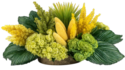Floral arrangement green, yellow, spiky & leafy texture