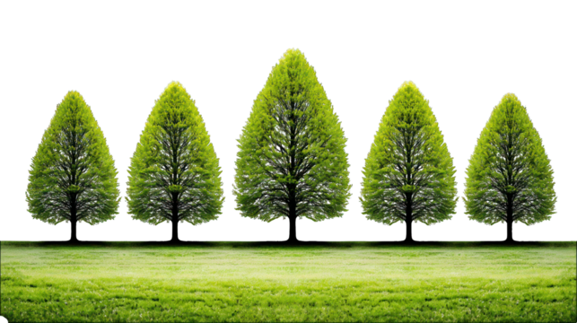 Five manicured trees in a green lawn against dark backdrop