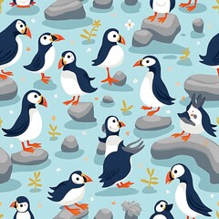 Obraz premium Cute Birds Standing on Rocks Seamless Pattern Design