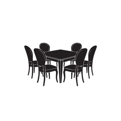 Elegant black silhouette of a square dining table surrounded by six classic upholstered chairs on a white background