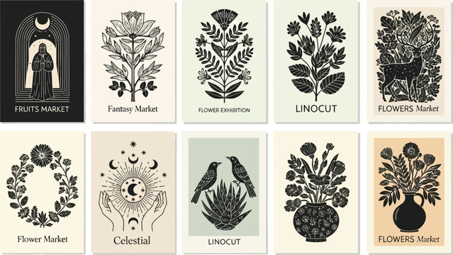Diverse collection showcases linocut botanical art and celestial designs