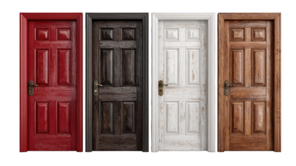 Four colorful wooden doors lined up in a row