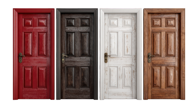 Four colorful wooden doors lined up in a row