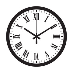 Classic analog clock face with black roman numerals and hands on a white background