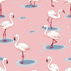 Fototapeta premium Flamingo Standing in Water Pattern Pink Background