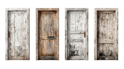 Four old, weathered, ornate, different-colored doors