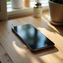 Using Smartphone on Wooden Table in Natural Light