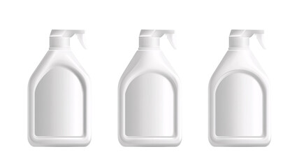 Three white plastic spray bottles stand against a dark backdrop, ideal for product mockups and cleaning supply visuals.