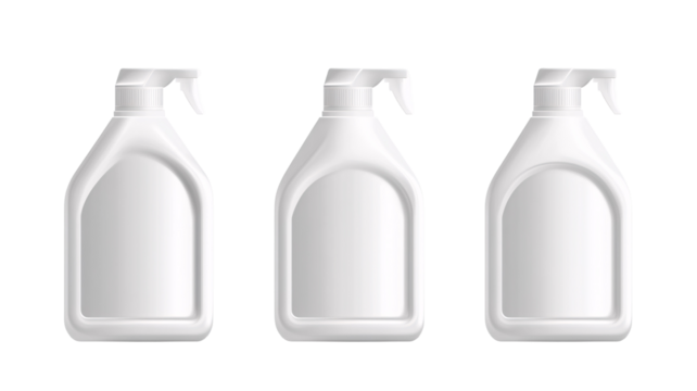 Three white plastic spray bottles stand against a dark backdrop, ideal for product mockups and cleaning supply visuals.